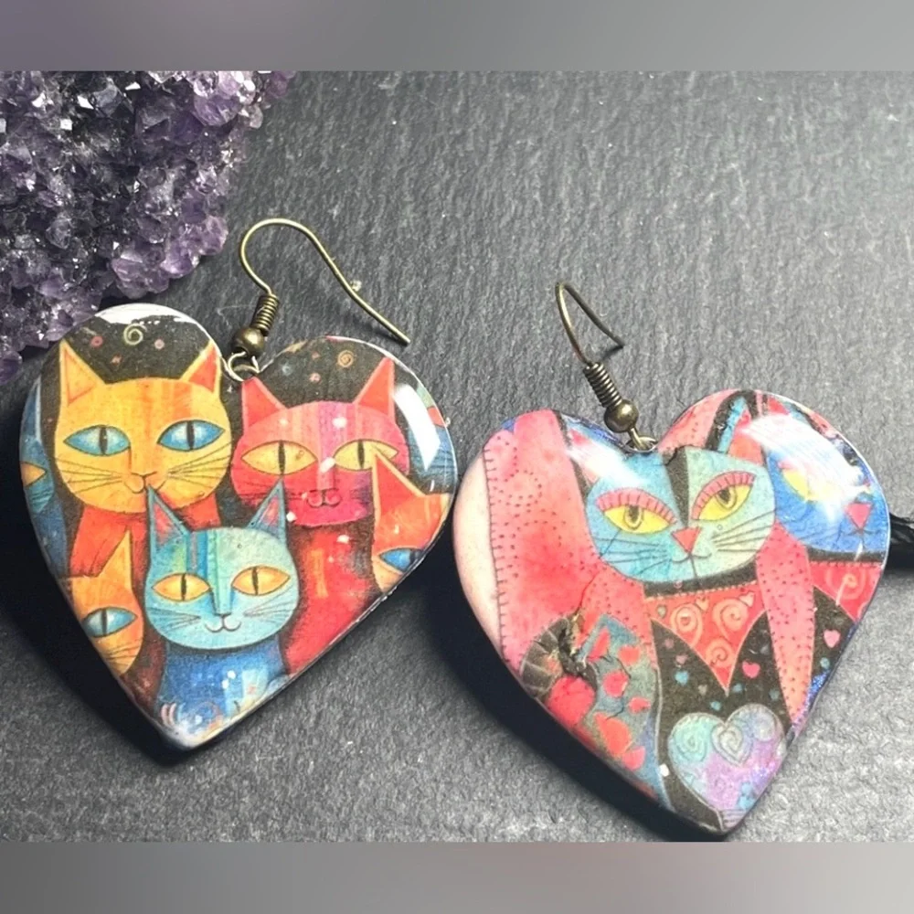 Laurel Burch Inspired Colorful Cat Heart Handmade Clay Earrings